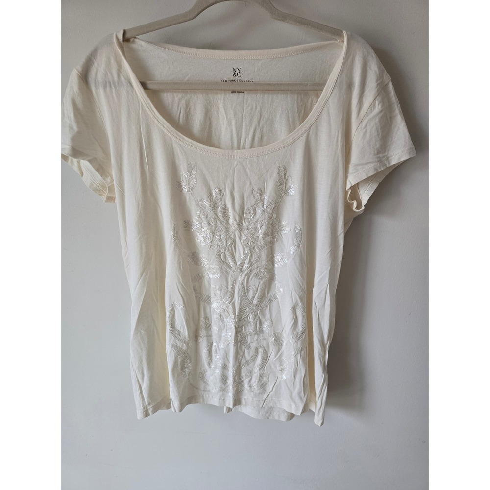 New York & Company Cream Sequin Floral Cotton Scoop Neck Top Large